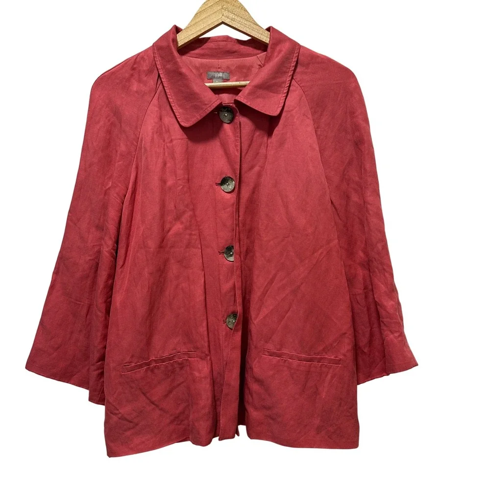 J. Jill Jacket Womens XL Coral Red Silk Linen Blend Button Front Drawstring Back - Picture 1 of 11